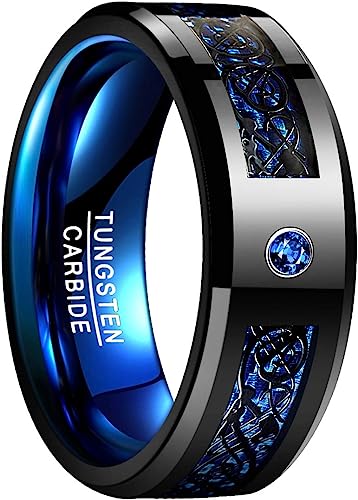 Genuine Carbide Tungsten Color: BLUE Black Celtic Dragon / Blue Carbon Fiber 8mm RING Polished Shiny Comfort Fit Wedding Band Size Size 7-17