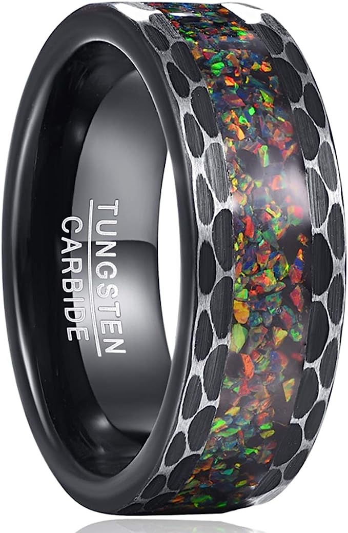 Genuine Carbide Tungsten Color: BLACK Crushed Created-opal Inlaid Brushed Center Inlay 8mm RING Polished Shiny Comfort Fit Wedding Band Size Size 7-12