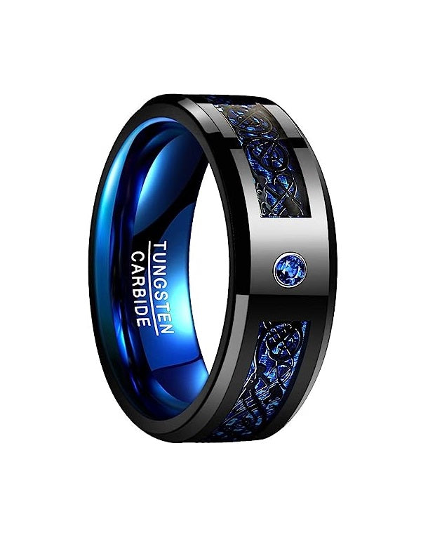 Genuine Carbide Tungsten Color: BLUE Black Celtic Dragon / Blue Carbon Fiber 8mm RING Polished Shiny Comfort Fit Wedding Band Size Size 7-17