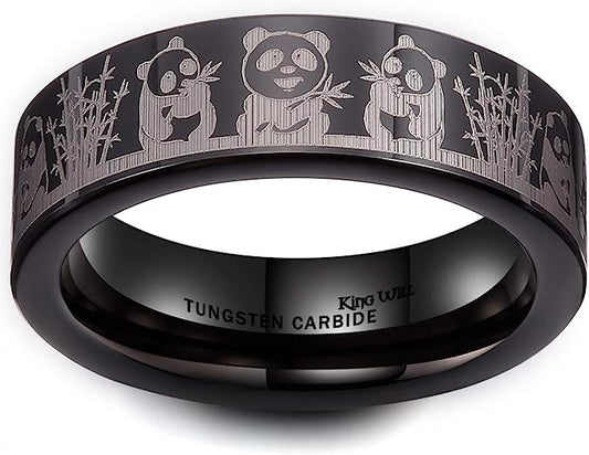 Genuine Carbide Tungsten Color: BLACK 6mm Laser combining panda elements unique and cute.  Gorgeous Stunning Polished Shiny Comfort Fit Wedding Band Size Size 6-15