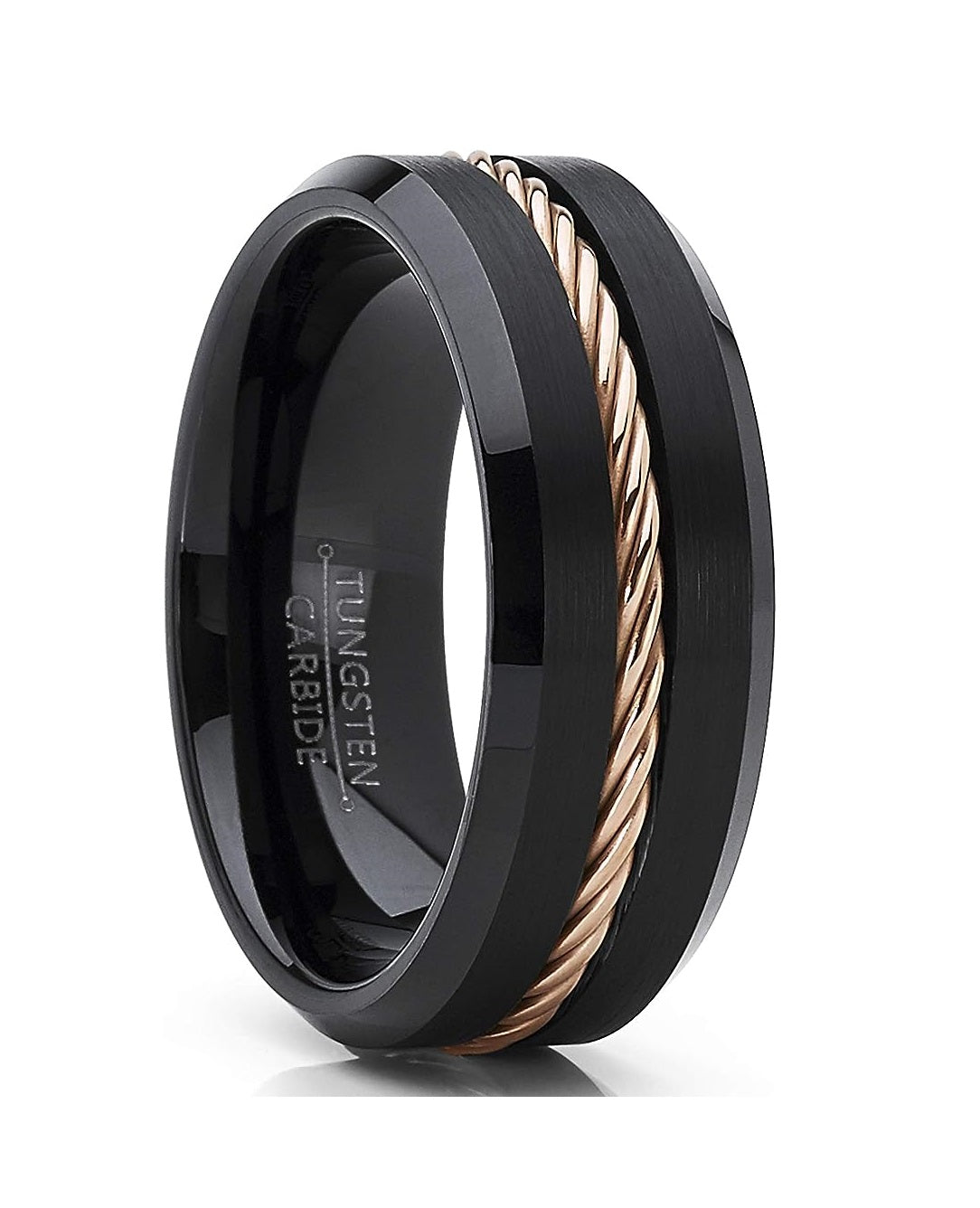 Genuine Carbide Tungsten Color: 8mm Black Gold Steel Wire Line Inlay High polished inner-face design smooth and shiny. Comfort Fit Wedding Band Size 6-15