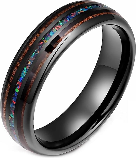 Genuine Carbide Tungsten Color: 6mm Black with Walnut Wood/Opal Inlay Black Inner high polished inner-face design smooth and shiny. Comfort Fit Wedding Band Size 6-15