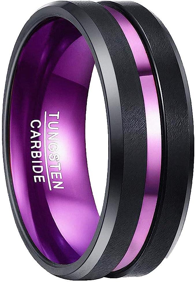 Genuine Tungsten Carbide 8mm Ring Purple Grooved Black Matte Finish Polished Beveled Edge Comfort Fit  Size 6-15