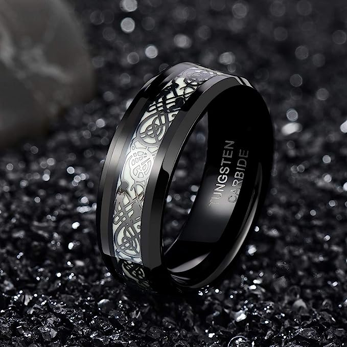 Genuine Carbide Tungsten Color: BLACK Celtic Dragon GREEN GLOW LORD Fiber Inlay 8mm RING Polished Shiny Comfort Fit Wedding Band Size Size 6-15