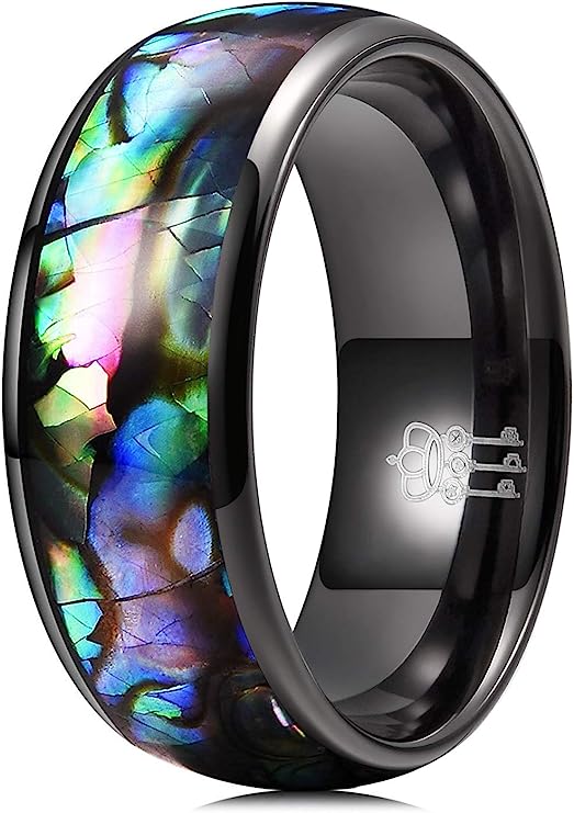 Genuine Carbide Tungsten Color:   BLACK 8mm RING Abalone Shell Inlay Polished Shiny Comfort Fit Wedding Band Size 6-15