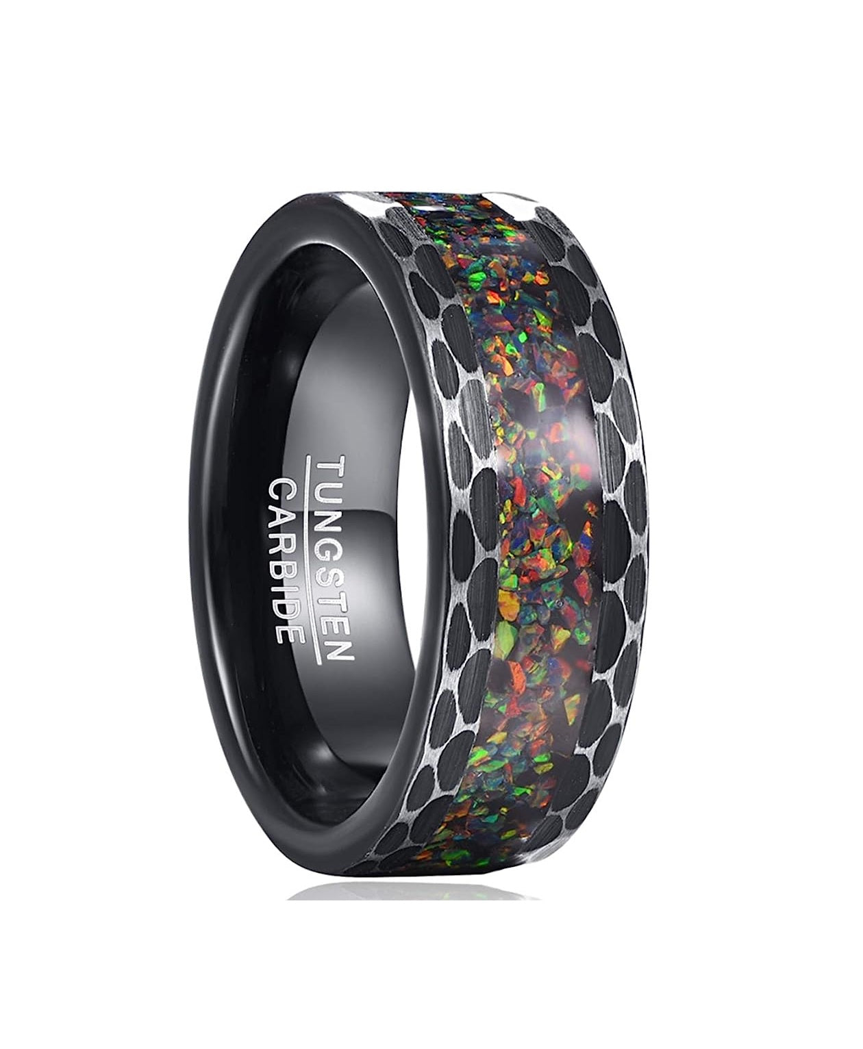 Genuine Carbide Tungsten Color: BLACK Crushed Created-opal Inlaid Brushed Center Inlay 8mm RING Polished Shiny Comfort Fit Wedding Band Size Size 7-12