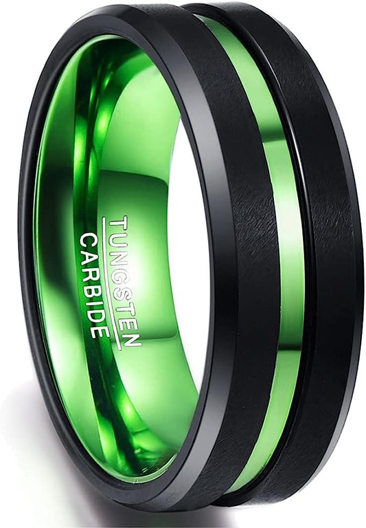 Genuine Tungsten Carbide 8mm Ring - Green/Black Polish finish, Thin Green Line and Beveled Edge Comfort Fit Size 6-15