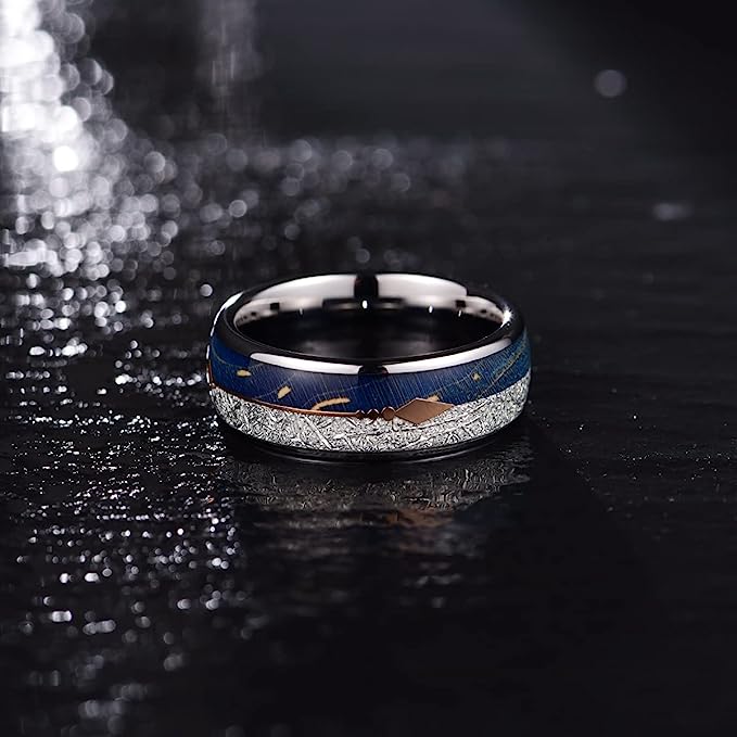 Genuine Carbide Tungsten Color: 8mm Blue/Silver Imitated Meteorite Inlay Silver Inner high polished inner-face design smooth and shiny. Comfort Fit Wedding Band Size 6-15