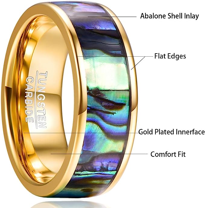 Genuine Carbide Tungsten Color: GOLD Abalone shell Center Inlay 8mm RING Polished Shiny Comfort Fit Wedding Band Size Size 7-12