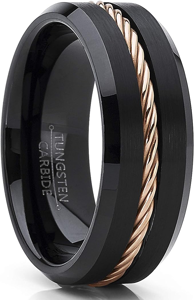 Genuine Carbide Tungsten Color: 8mm Black Gold Steel Wire Line Inlay High polished inner-face design smooth and shiny. Comfort Fit Wedding Band Size 6-15