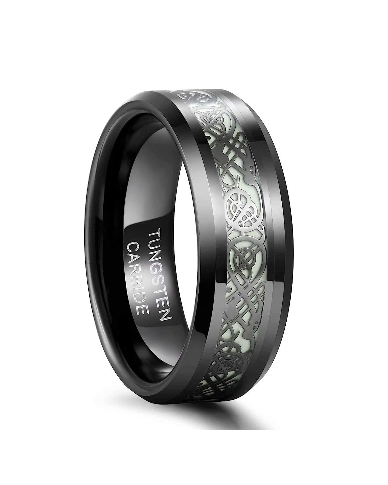 Genuine Carbide Tungsten Color: BLACK Celtic Dragon GREEN GLOW LORD Fiber Inlay 8mm RING Polished Shiny Comfort Fit Wedding Band Size Size 6-15