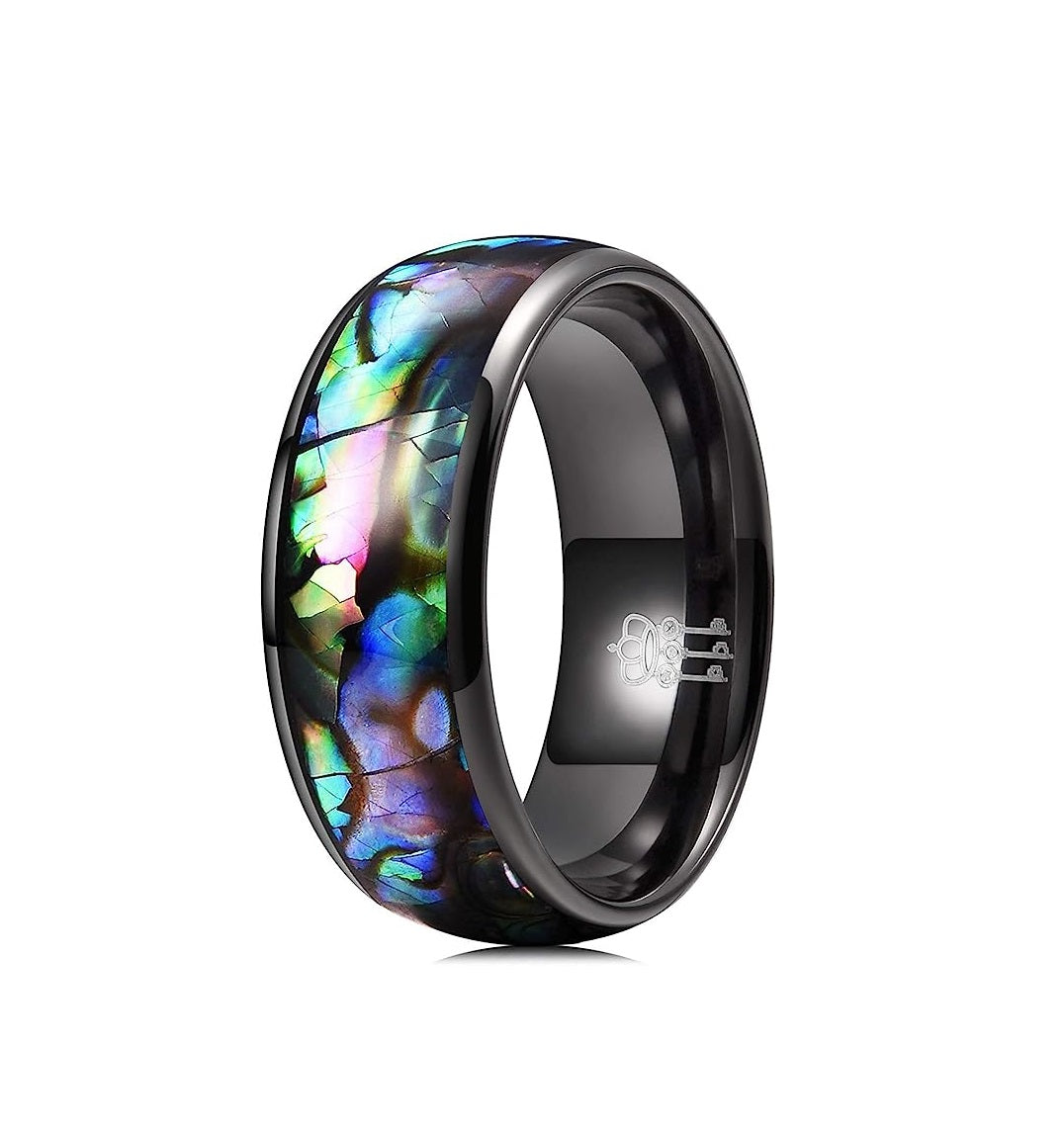 Genuine Carbide Tungsten Color:   BLACK 8mm RING Abalone Shell Inlay Polished Shiny Comfort Fit Wedding Band Size 6-15