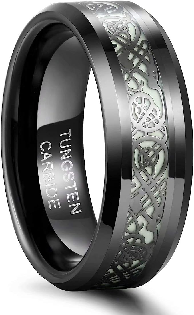 Genuine Carbide Tungsten Color: BLACK Celtic Dragon GREEN GLOW LORD Fiber Inlay 8mm RING Polished Shiny Comfort Fit Wedding Band Size Size 6-15