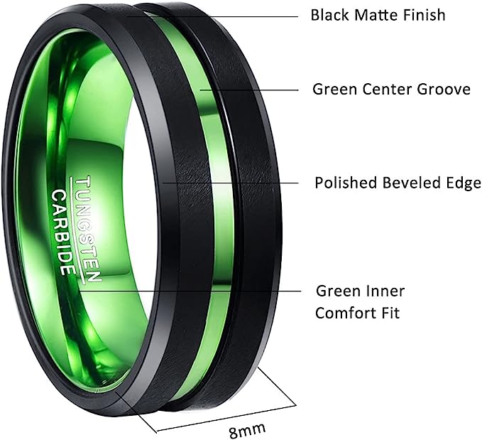 Genuine Tungsten Carbide 8mm Ring - Green/Black Polish finish, Thin Green Line and Beveled Edge Comfort Fit Size 6-15