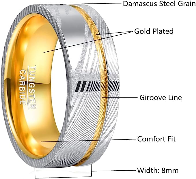 Genuine Carbide Tungsten Color: Damascus Steel Gold Groove Two Tone Ring Inner Band 8mm RING Polished Shiny Comfort Fit Wedding Band Size Size 7-12