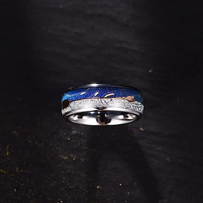 Genuine Carbide Tungsten Color: 8mm Blue/Silver Imitated Meteorite Inlay Silver Inner high polished inner-face design smooth and shiny. Comfort Fit Wedding Band Size 6-15