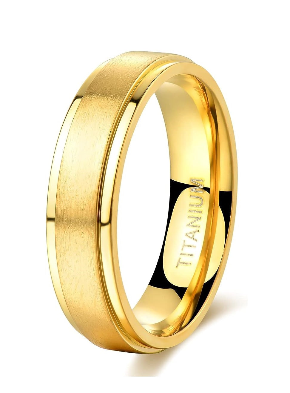 Genuine Titanium Golden Brushed 6mm Wide Stepped Beveled Edges  Ring Wedding Band High Polished Comfort Fit.