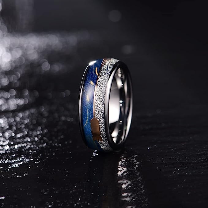 Genuine Carbide Tungsten Color: 8mm Blue/Silver Imitated Meteorite Inlay Silver Inner high polished inner-face design smooth and shiny. Comfort Fit Wedding Band Size 6-15