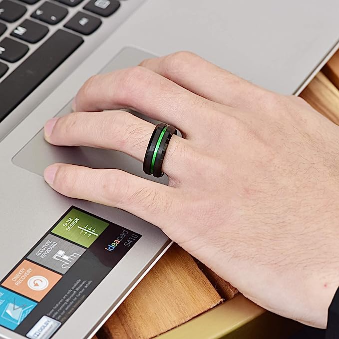 Genuine Tungsten Carbide 8mm Ring - Green/Black Polish finish, Thin Green Line and Beveled Edge Comfort Fit Size 6-15