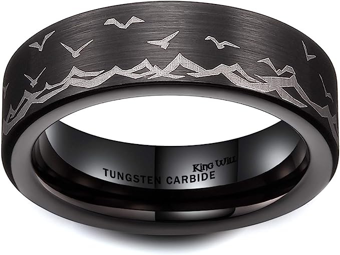 Genuine Carbide Tungsten Color: Gorgeous Stunning Polished Shiny Comfort Fit Wedding Band Size Size 6-15 BLACK 8mm Laser  with seagull pattern combining sea elements unique Comfort Fit 8mm.