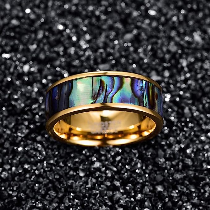 Genuine Carbide Tungsten Color: GOLD Abalone shell Center Inlay 8mm RING Polished Shiny Comfort Fit Wedding Band Size Size 7-12