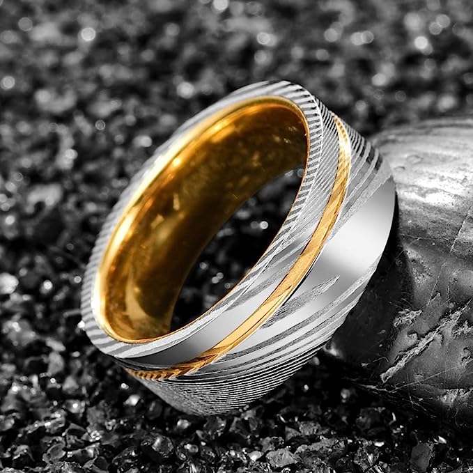 Genuine Carbide Tungsten Color: Damascus Steel Gold Groove Two Tone Ring Inner Band 8mm RING Polished Shiny Comfort Fit Wedding Band Size Size 7-12