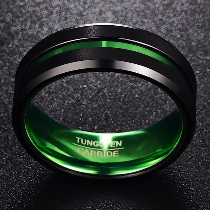 Genuine Tungsten Carbide 8mm Ring - Green/Black Polish finish, Thin Green Line and Beveled Edge Comfort Fit Size 6-15