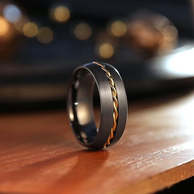 Genuine Carbide Tungsten Color: 8mm Silver Brushed Gold Steel Wire Line Inlay High polished inner-face design smooth and shiny. Comfort Fit Wedding Band Size 6-15