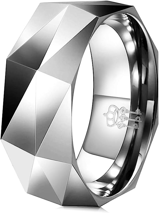 Genuine Carbide Tungsten Color: Silver Multi Faceted Edge Center 8mm RING   High Polish inner face makes it smooth and shiny Comfort Fit Wedding Band Size 6-15