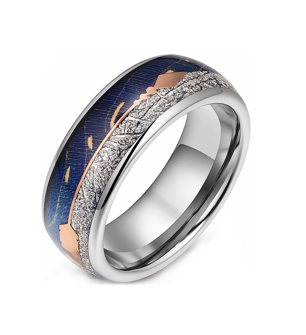 Genuine Carbide Tungsten Color: 8mm Blue/Silver Imitated Meteorite Inlay Silver Inner high polished inner-face design smooth and shiny. Comfort Fit Wedding Band Size 6-15