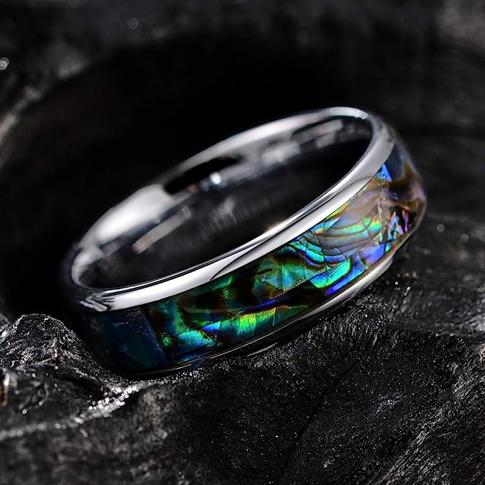 Genuine Carbide Tungsten Color:   SILVER 6mm RING Abalone Shell Inlay Polished Shiny Comfort Fit Wedding Band Size 6-15