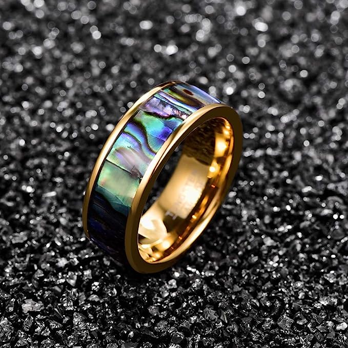 Genuine Carbide Tungsten Color: GOLD Abalone shell Center Inlay 8mm RING Polished Shiny Comfort Fit Wedding Band Size Size 7-12