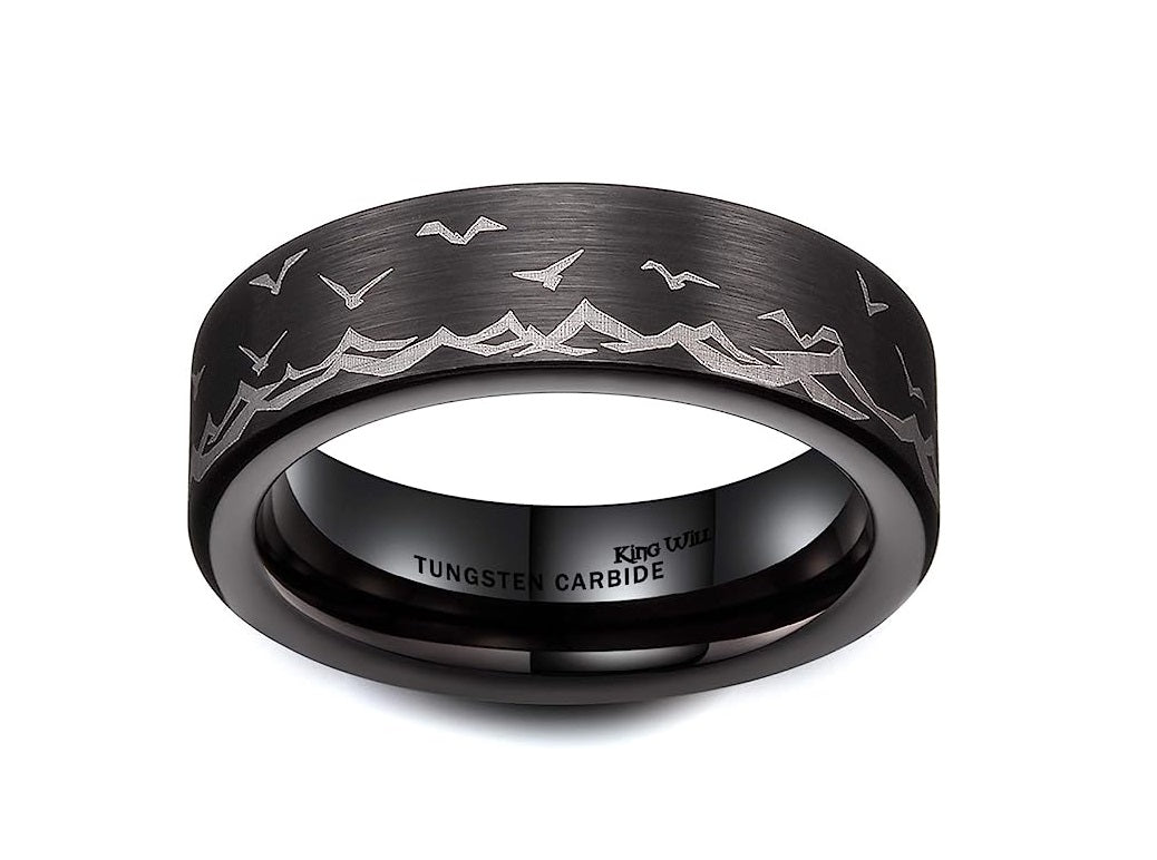 Genuine Carbide Tungsten Color: Gorgeous Stunning Polished Shiny Comfort Fit Wedding Band Size Size 6-15 BLACK 8mm Laser  with seagull pattern combining sea elements unique Comfort Fit 8mm.