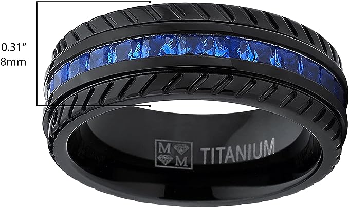 Genuine Titanium Black Blue CZ inlay 8mm Wide Eternity Ring   Wedding Band High Polished Comfort Fit.