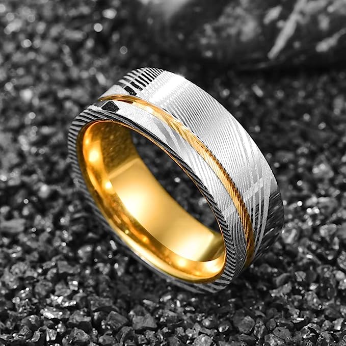 Genuine Carbide Tungsten Color: Damascus Steel Gold Groove Two Tone Ring Inner Band 8mm RING Polished Shiny Comfort Fit Wedding Band Size Size 7-12