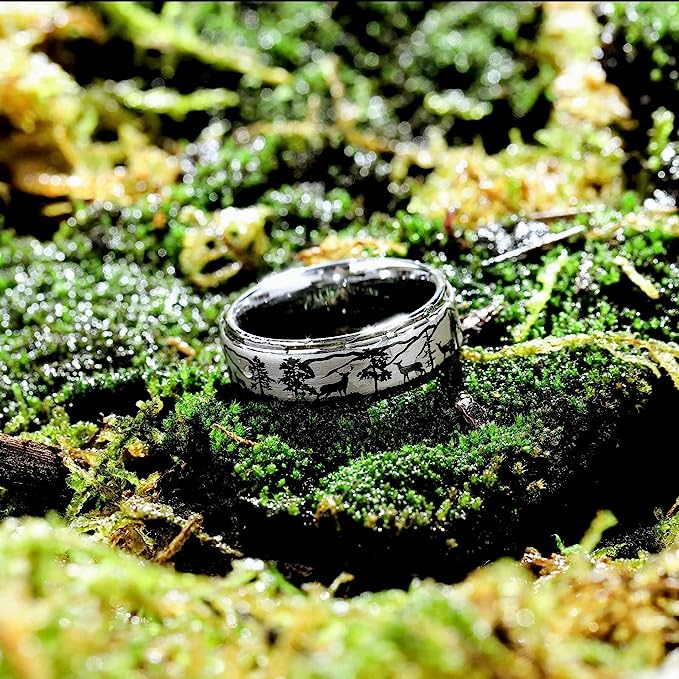 Genuine Carbide Tungsten Color: BLACK 8mm Laser Black Elk Deer Family Mountain Tree Forest Landscape Tungsten Ring, beautiful scenery into the forest tungsten ring.