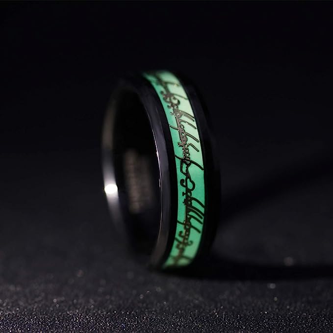 Genuine Carbide Tungsten Color: BLACK Celtic GREEN GLOW Fiber Inlay 8mm RING Polished Shiny Comfort Fit Wedding Band Size Size 6-15