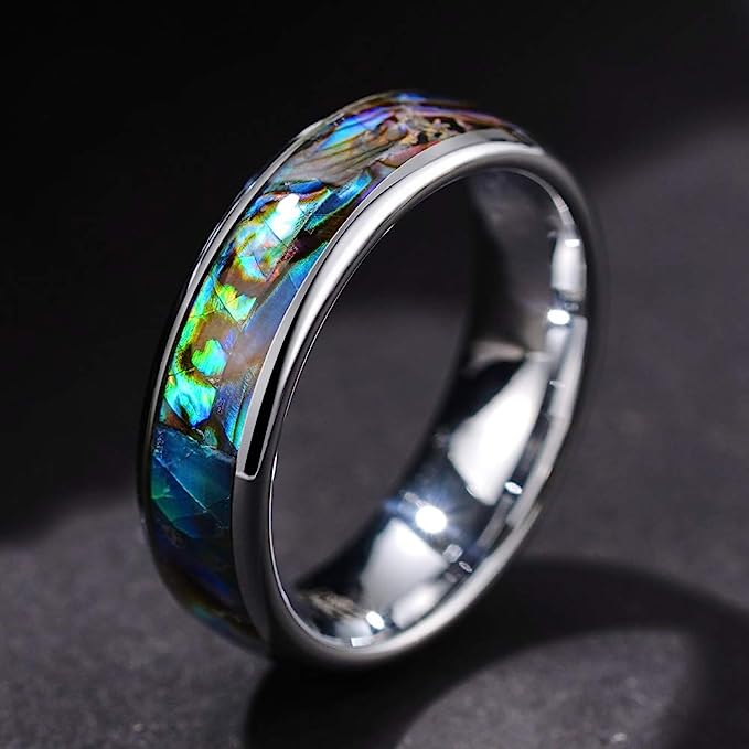 Genuine Carbide Tungsten Color:   SILVER 6mm RING Abalone Shell Inlay Polished Shiny Comfort Fit Wedding Band Size 6-15