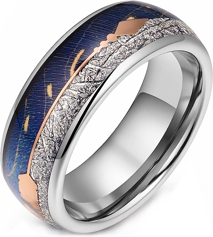 Genuine Carbide Tungsten Color: 8mm Blue/Silver Imitated Meteorite Inlay Silver Inner high polished inner-face design smooth and shiny. Comfort Fit Wedding Band Size 6-15