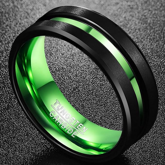 Genuine Tungsten Carbide 8mm Ring - Green/Black Polish finish, Thin Green Line and Beveled Edge Comfort Fit Size 6-15