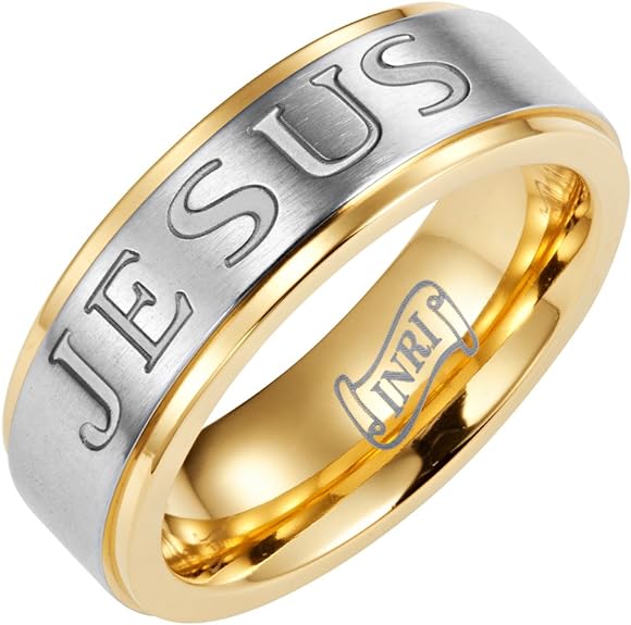 Christian Jesus Titanium Men's Ring 7mm Wide Engraved Jesus INRI with Cross High Polished Comfort Fit.