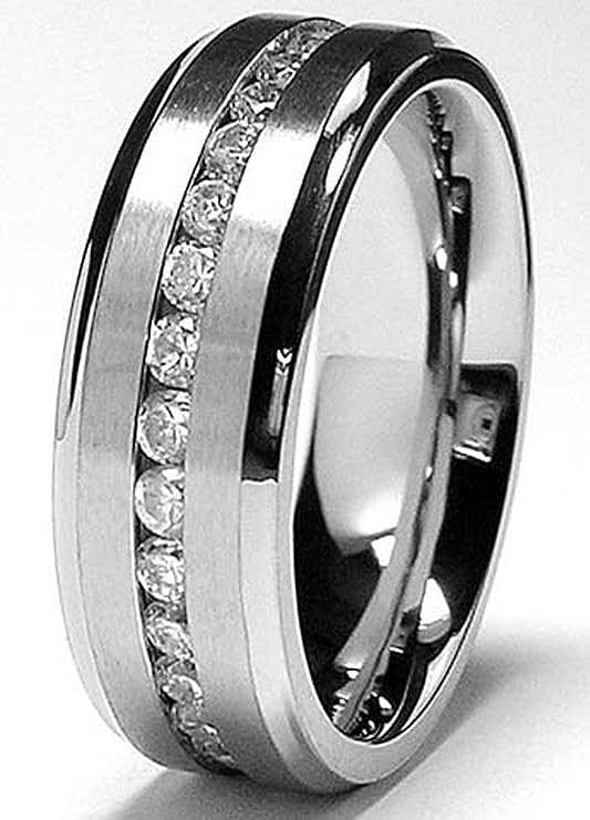 Genuine Titanium Silver 7mm Wide Ring Cubic Zirconia Eternity High Polished Comfort Fi