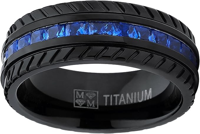 Genuine Titanium Black Blue CZ inlay 8mm Wide Eternity Ring   Wedding Band High Polished Comfort Fit.