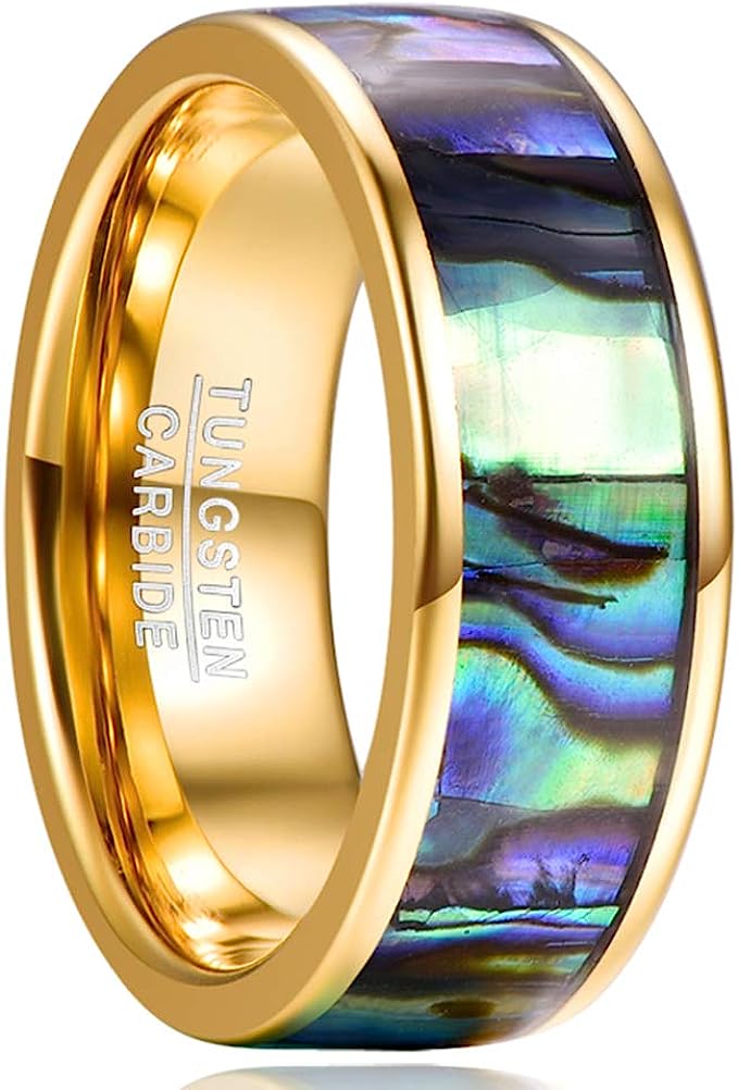 Genuine Carbide Tungsten Color: GOLD Abalone shell Center Inlay 8mm RING Polished Shiny Comfort Fit Wedding Band Size Size 7-12