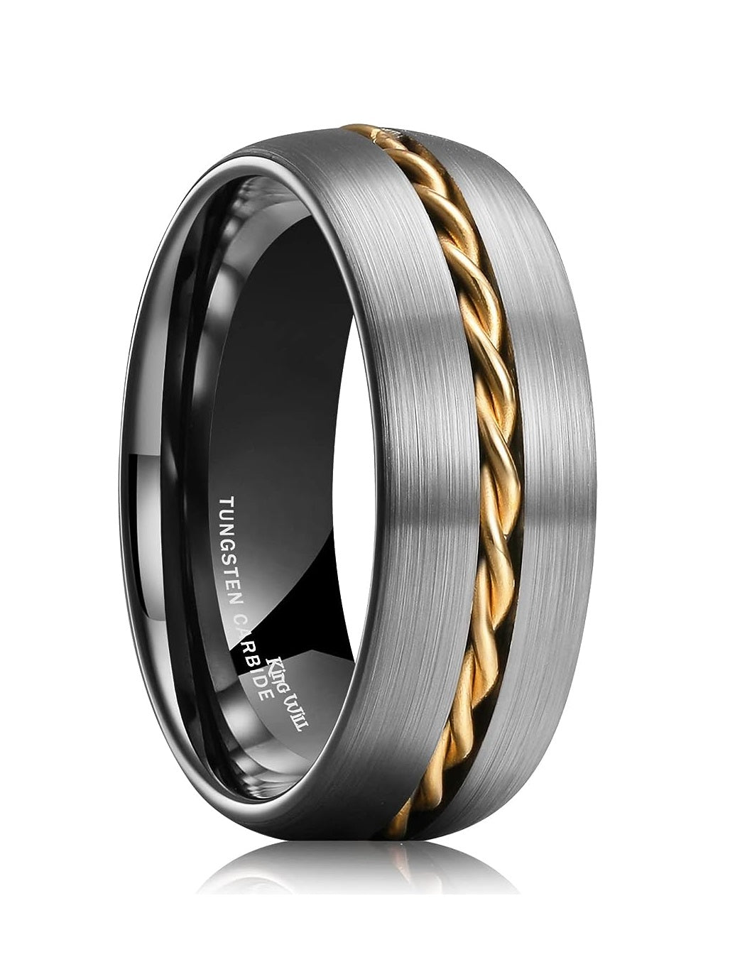 Genuine Carbide Tungsten Color: 8mm Silver Brushed Gold Steel Wire Line Inlay High polished inner-face design smooth and shiny. Comfort Fit Wedding Band Size 6-15