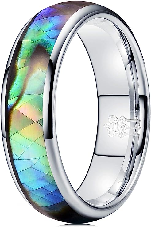 Genuine Carbide Tungsten Color:   SILVER 6mm RING Abalone Shell Inlay Polished Shiny Comfort Fit Wedding Band Size 6-15