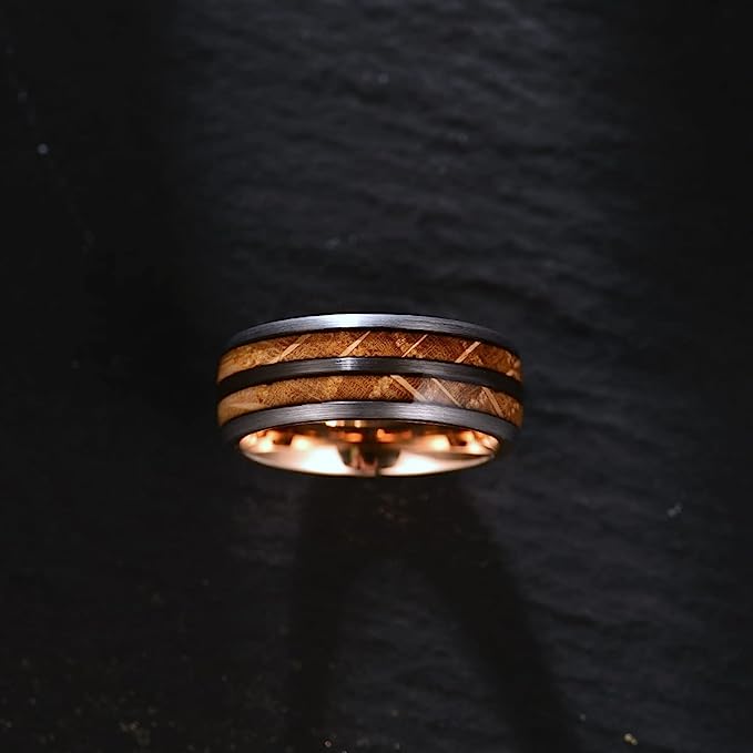 Genuine Carbide Tungsten Color: 8mm Rose Wood and Whiskey Barrel Wood inlay Rose Gold Inner high polished inner-face design smooth and shiny. Comfort Fit Wedding Band Size 6-15