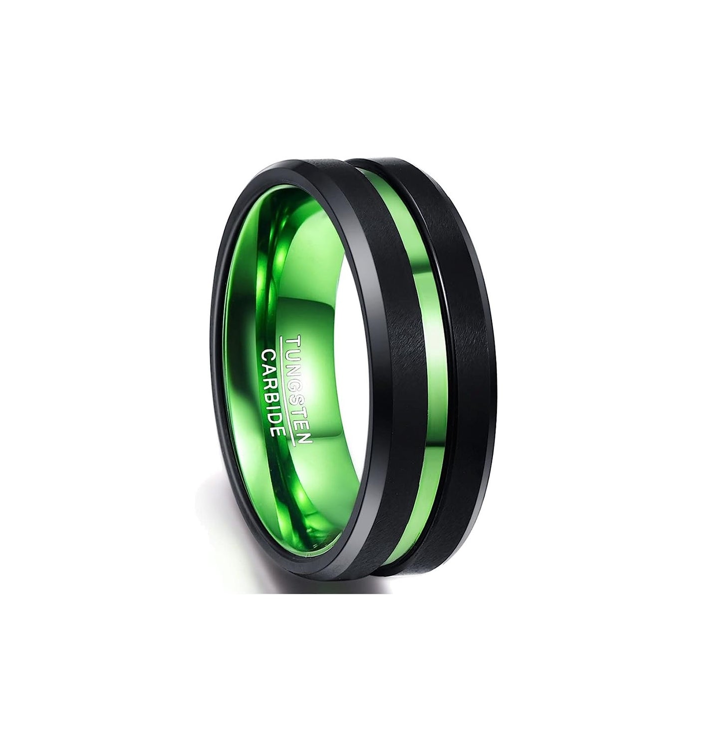 Genuine Tungsten Carbide 8mm Ring - Green/Black Polish finish, Thin Green Line and Beveled Edge Comfort Fit Size 6-15