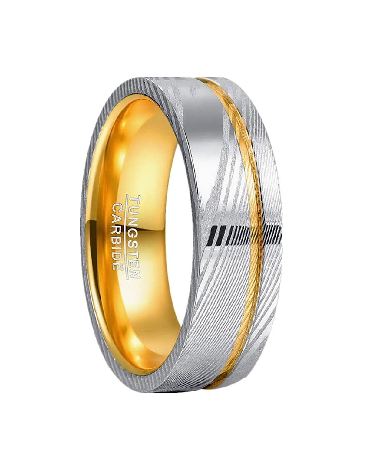 Genuine Carbide Tungsten Color: Damascus Steel Gold Groove Two Tone Ring Inner Band 8mm RING Polished Shiny Comfort Fit Wedding Band Size Size 7-12