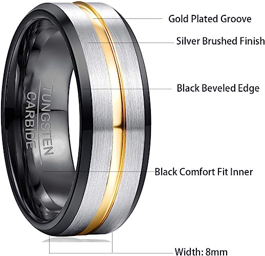 Genuine Tungsten Carbide 8mm Ring - Black/ Silver Brushed Matte finish, Silver Thin Gold Line and Beveled Edge Comfort Fit Size 6-15
